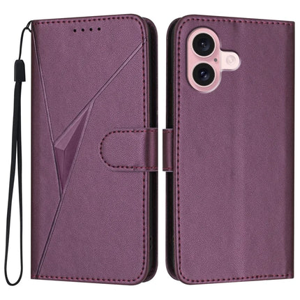 YX0090 For iPhone 16 Case Triangle Imprint Leather Phone Cover with Lanyard - Dark Purple