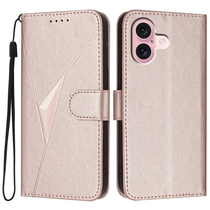 YX0090 For iPhone 16 Case Triangle Imprint Leather Phone Cover with Lanyard - Rose Gold