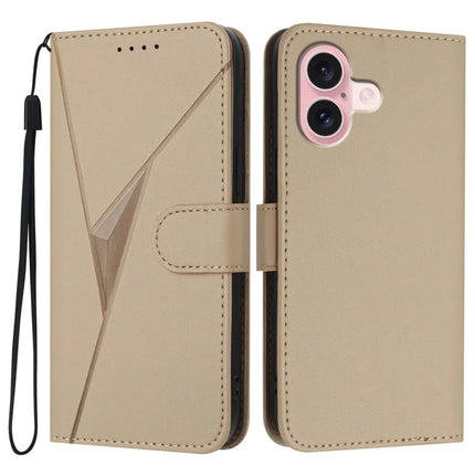 YX0090 For iPhone 16 Case Triangle Imprint Leather Phone Cover with Lanyard - Gold