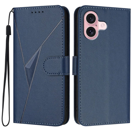 YX0090 For iPhone 16 Case Triangle Imprint Leather Phone Cover with Lanyard - Sapphire