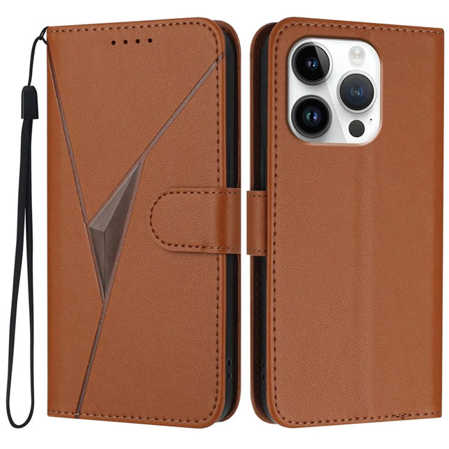 YX0090 For iPhone 16 Pro Case Triangle Imprint Leather Phone Cover with Lanyard - Coffee
