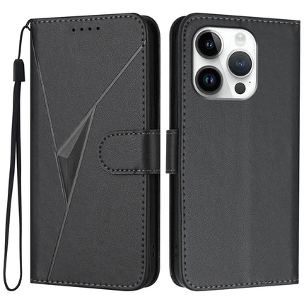 YX0090 For iPhone 16 Pro Case Triangle Imprint Leather Phone Cover with Lanyard - Black