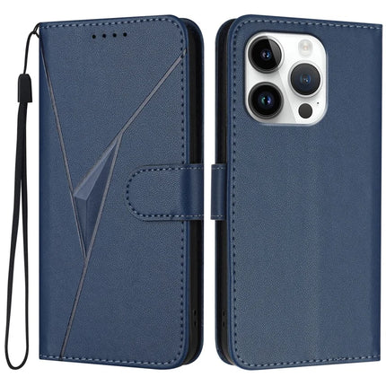 YX0090 For iPhone 16 Pro Case Triangle Imprint Leather Phone Cover with Lanyard - Sapphire