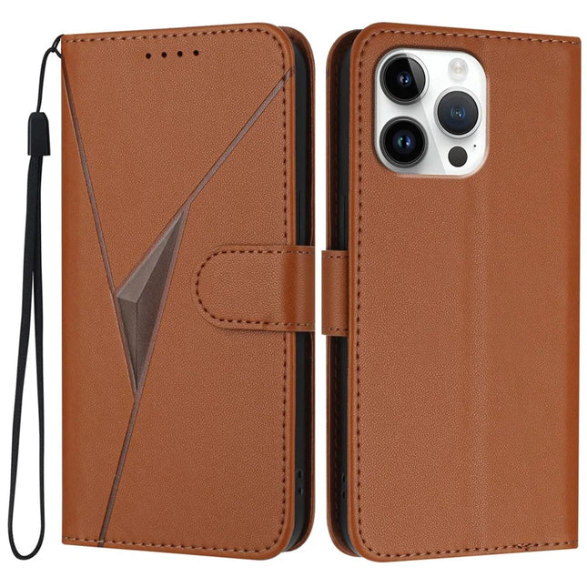 YX0090 For iPhone 16 Pro Max Case Triangle Imprint Leather Phone Cover with Lanyard - Coffee