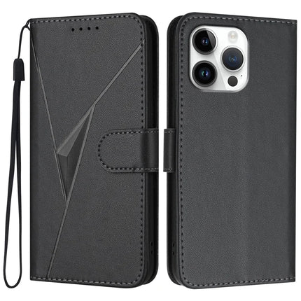 YX0090 For iPhone 16 Pro Max Case Triangle Imprint Leather Phone Cover with Lanyard - Black