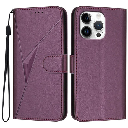 YX0090 For iPhone 16 Pro Max Case Triangle Imprint Leather Phone Cover with Lanyard - Dark Purple
