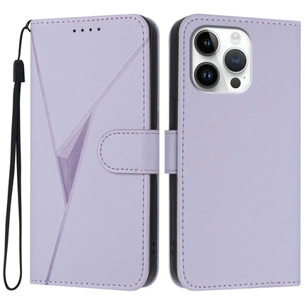 YX0090 For iPhone 16 Pro Max Case Triangle Imprint Leather Phone Cover with Lanyard - Light Purple