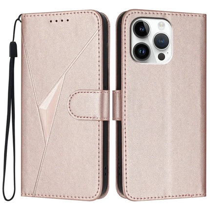 YX0090 For iPhone 16 Pro Max Case Triangle Imprint Leather Phone Cover with Lanyard - Rose Gold