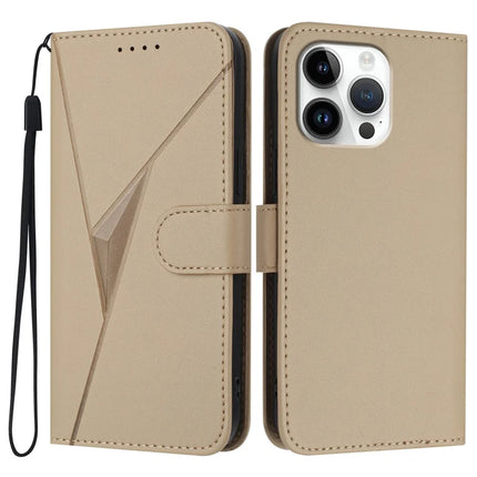 YX0090 For iPhone 16 Pro Max Case Triangle Imprint Leather Phone Cover with Lanyard - Gold