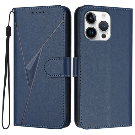 YX0090 For iPhone 16 Pro Max Case Triangle Imprint Leather Phone Cover with Lanyard - Sapphire