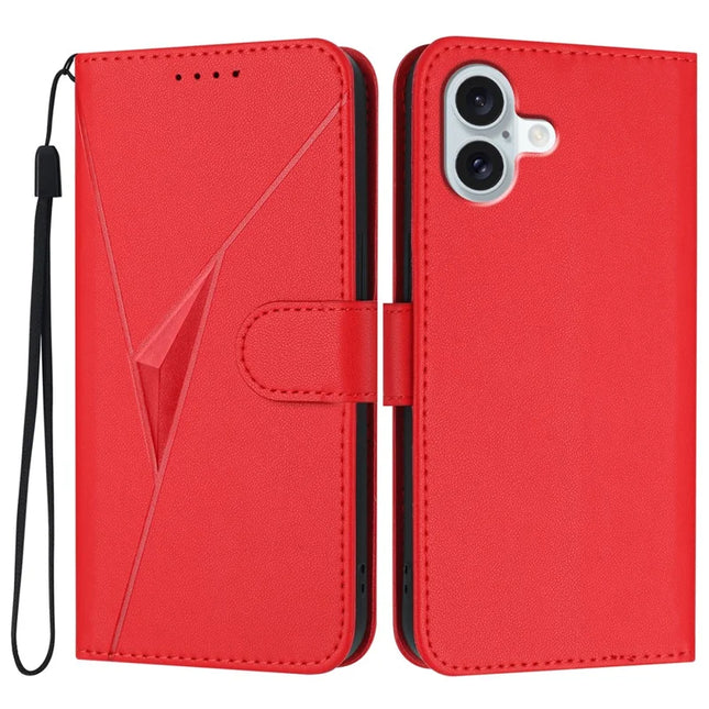 YX0090 For iPhone 16 Plus Case Triangle Imprint Leather Phone Cover with Lanyard - Red