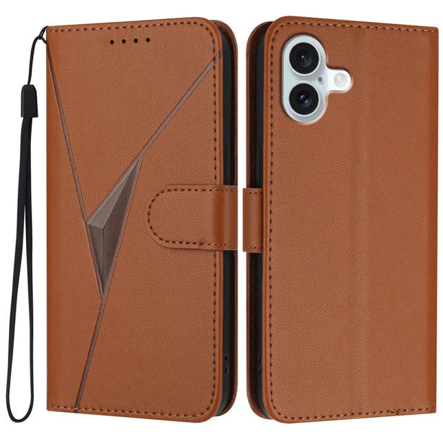 YX0090 For iPhone 16 Plus Case Triangle Imprint Leather Phone Cover with Lanyard - Coffee