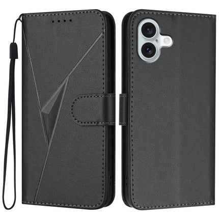 YX0090 For iPhone 16 Plus Case Triangle Imprint Leather Phone Cover with Lanyard - Black