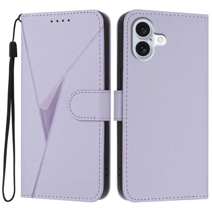 YX0090 For iPhone 16 Plus Case Triangle Imprint Leather Phone Cover with Lanyard - Light Purple