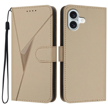 YX0090 For iPhone 16 Plus Case Triangle Imprint Leather Phone Cover with Lanyard - Gold