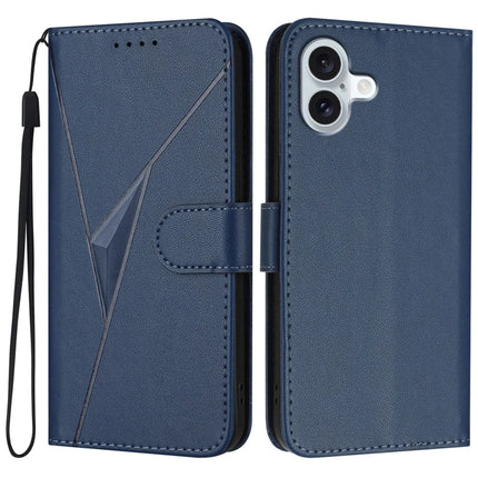 YX0090 For iPhone 16 Plus Case Triangle Imprint Leather Phone Cover with Lanyard - Sapphire