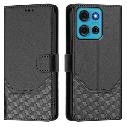 For Motorola Moto G75 5G Case Imprinted Honeycomb RFID Blocking Leather Phone Cover with Strap