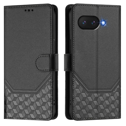 For Google Pixel 9a Case Imprinted Honeycomb RFID Blocking Leather Phone Cover with Strap