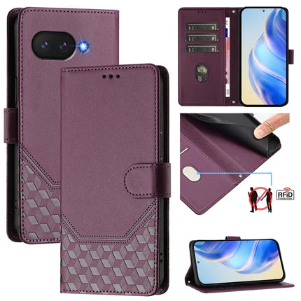 For Google Pixel 9a Case Imprinted Honeycomb RFID Blocking Leather Phone Cover with Strap - Dark Purple