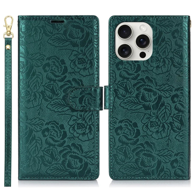 For iPhone 16 Pro Max Case with Hand Strap Flower Imprint Leather Wallet Phone Cover - Green