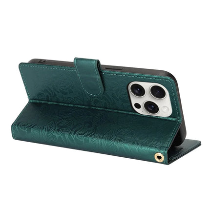 For iPhone 16 Pro Max Case with Hand Strap Flower Imprint Leather Wallet Phone Cover