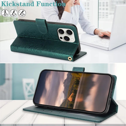 For iPhone 16 Pro Max Case with Hand Strap Flower Imprint Leather Wallet Phone Cover