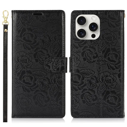 For iPhone 16 Pro Max Case with Hand Strap Flower Imprint Leather Wallet Phone Cover - Black