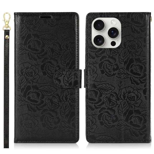 For iPhone 16 Pro Max Case with Hand Strap Flower Imprint Leather Wallet Phone Cover - Black