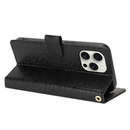 For iPhone 16 Pro Max Case with Hand Strap Flower Imprint Leather Wallet Phone Cover