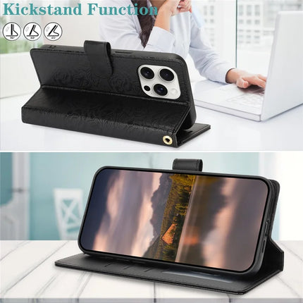 For iPhone 16 Pro Max Case with Hand Strap Flower Imprint Leather Wallet Phone Cover
