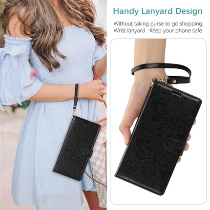 For iPhone 16 Pro Max Case with Hand Strap Flower Imprint Leather Wallet Phone Cover