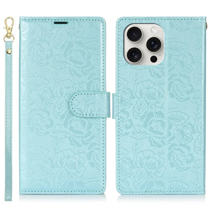 For iPhone 16 Pro Max Case with Hand Strap Flower Imprint Leather Wallet Phone Cover - Blue