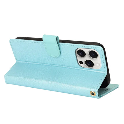 For iPhone 16 Pro Max Case with Hand Strap Flower Imprint Leather Wallet Phone Cover