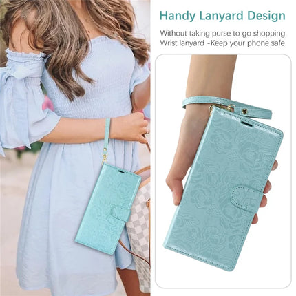 For iPhone 16 Pro Max Case with Hand Strap Flower Imprint Leather Wallet Phone Cover