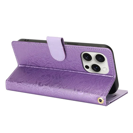 For iPhone 16 Pro Max Case with Hand Strap Flower Imprint Leather Wallet Phone Cover