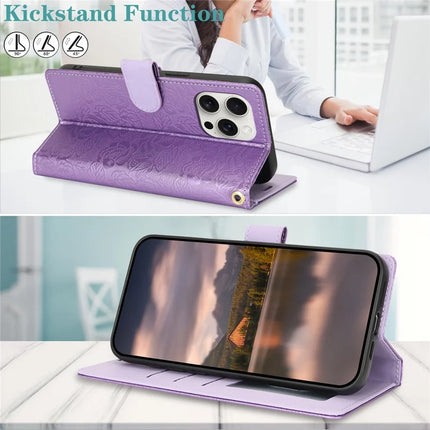 For iPhone 16 Pro Max Case with Hand Strap Flower Imprint Leather Wallet Phone Cover