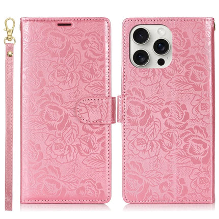 For iPhone 16 Pro Max Case with Hand Strap Flower Imprint Leather Wallet Phone Cover - Rose Gold