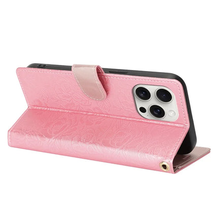 For iPhone 16 Pro Max Case with Hand Strap Flower Imprint Leather Wallet Phone Cover