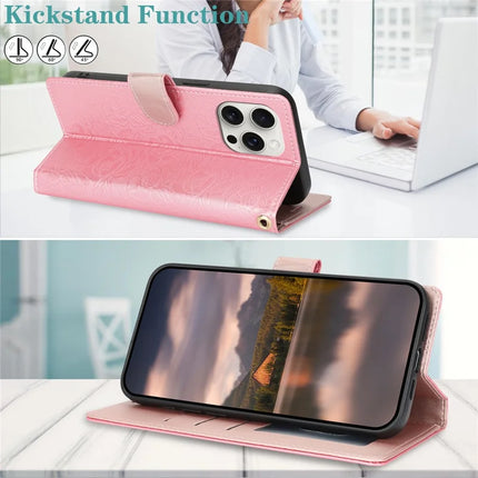 For iPhone 16 Pro Max Case with Hand Strap Flower Imprint Leather Wallet Phone Cover