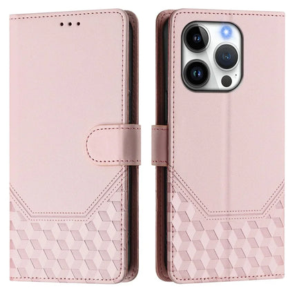 For iPhone 16 Pro Case Imprinted Honeycomb RFID Blocking Leather Phone Cover with Strap