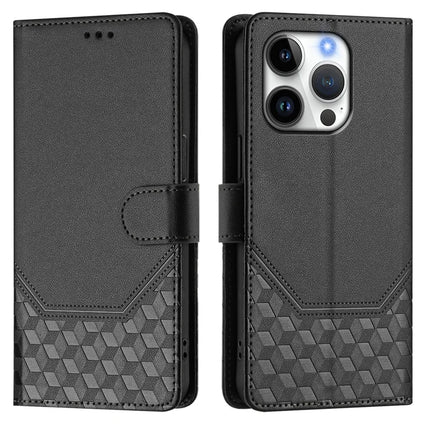 For iPhone 16 Pro Case Imprinted Honeycomb RFID Blocking Leather Phone Cover with Strap