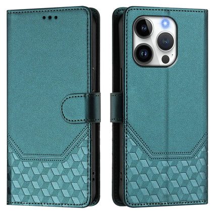 For iPhone 16 Pro Case Imprinted Honeycomb RFID Blocking Leather Phone Cover with Strap
