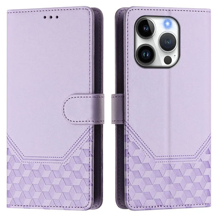 For iPhone 16 Pro Case Imprinted Honeycomb RFID Blocking Leather Phone Cover with Strap