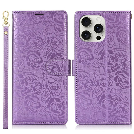 For iPhone 16 Pro Case with Hand Strap Flower Imprint Leather Wallet Phone Cover - Purple