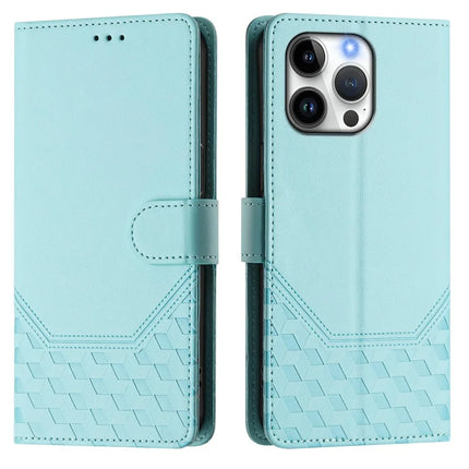 For iPhone 16 Pro Max Case Imprinted Honeycomb RFID Blocking Leather Phone Cover with Strap
