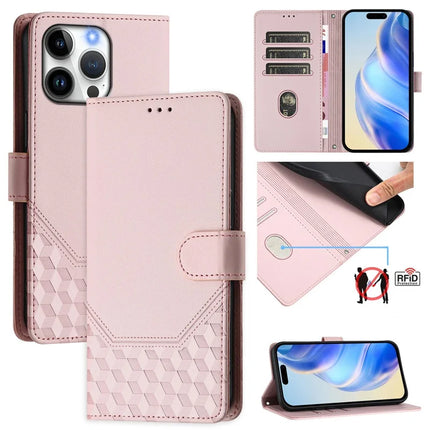 For iPhone 16 Pro Max Case Imprinted Honeycomb RFID Blocking Leather Phone Cover with Strap - Pink