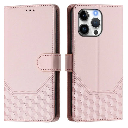 For iPhone 16 Pro Max Case Imprinted Honeycomb RFID Blocking Leather Phone Cover with Strap