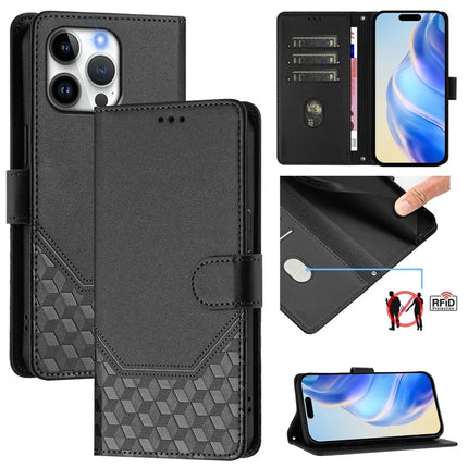 For iPhone 16 Pro Max Case Imprinted Honeycomb RFID Blocking Leather Phone Cover with Strap - Black
