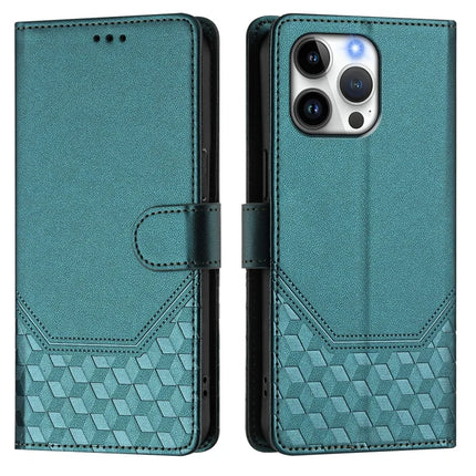 For iPhone 16 Pro Max Case Imprinted Honeycomb RFID Blocking Leather Phone Cover with Strap