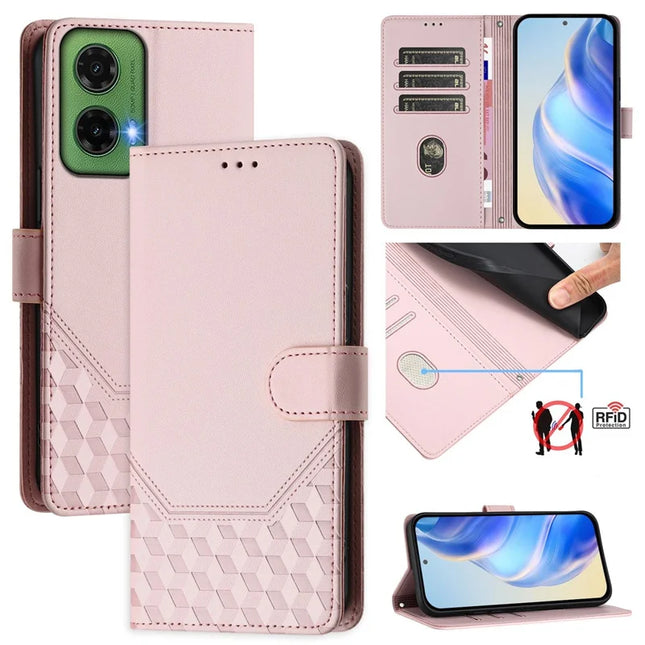 For Motorola Moto G35 5G Case Imprinted Honeycomb RFID Blocking Leather Phone Cover with Strap - Pink
